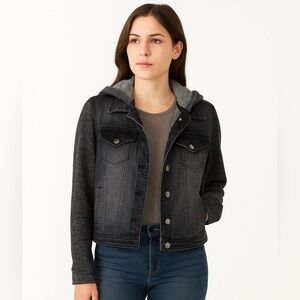 LEI Women’s Black Denim Jean Jacket with Hood and Knit Sleeves